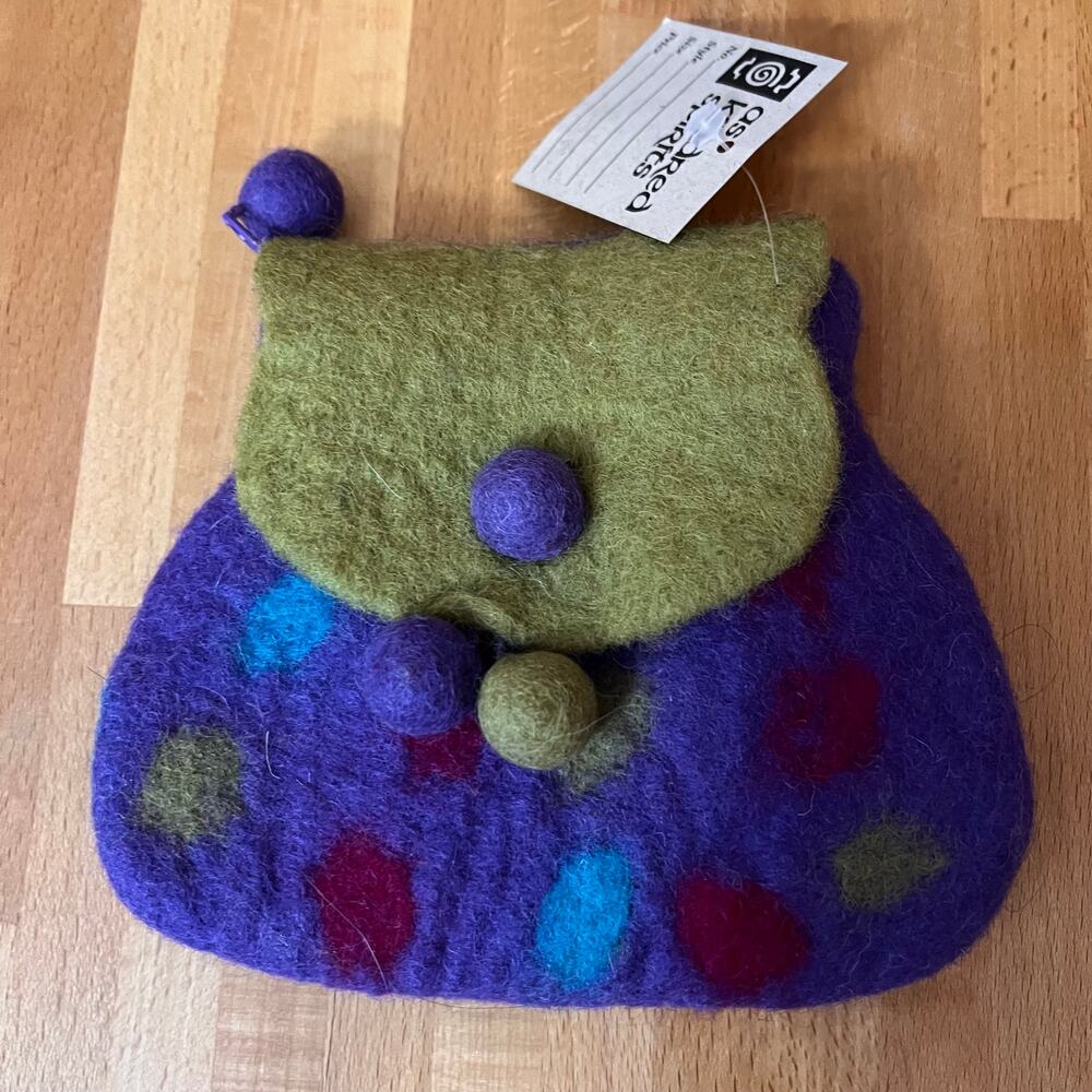 Rising Tide Felted Wool Coin Purse Pouch Purple Polka Dot Snap & Zip
